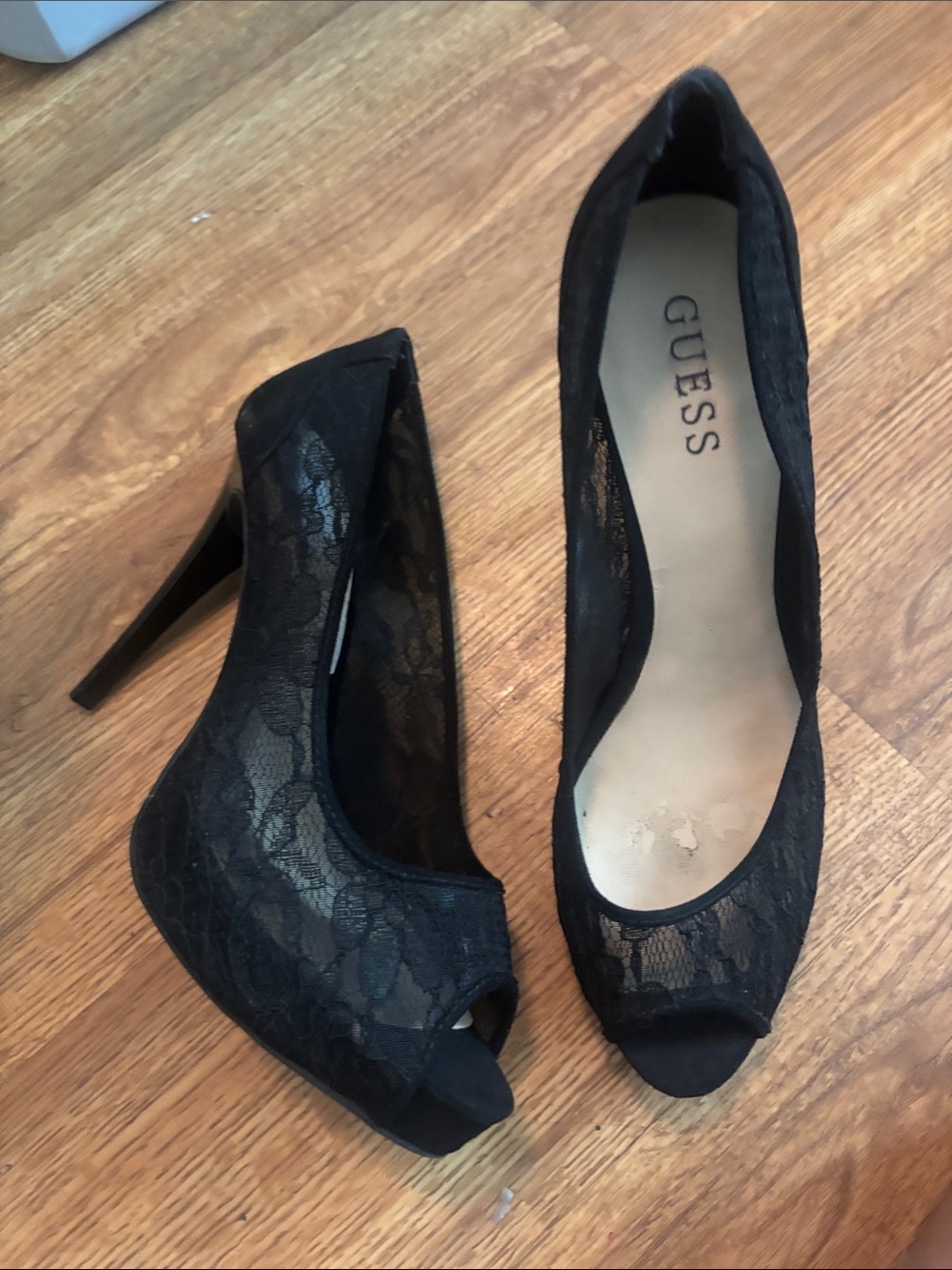 GUESS Black Lace Peep-Toe Stiletto Heels